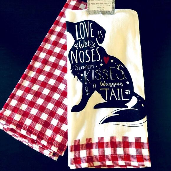 Farmhouse Dog Wet Noses Kisses Wagging Tail Checkered Red Dish Towels - Picture 1 of 2